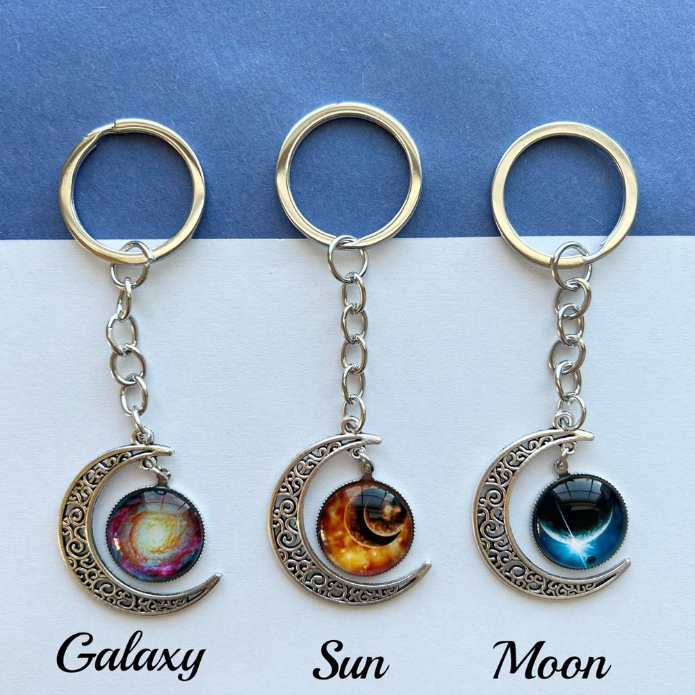Handmade Moon alloy glass pendant keychain, Sun planet keychain,Galaxy keychain